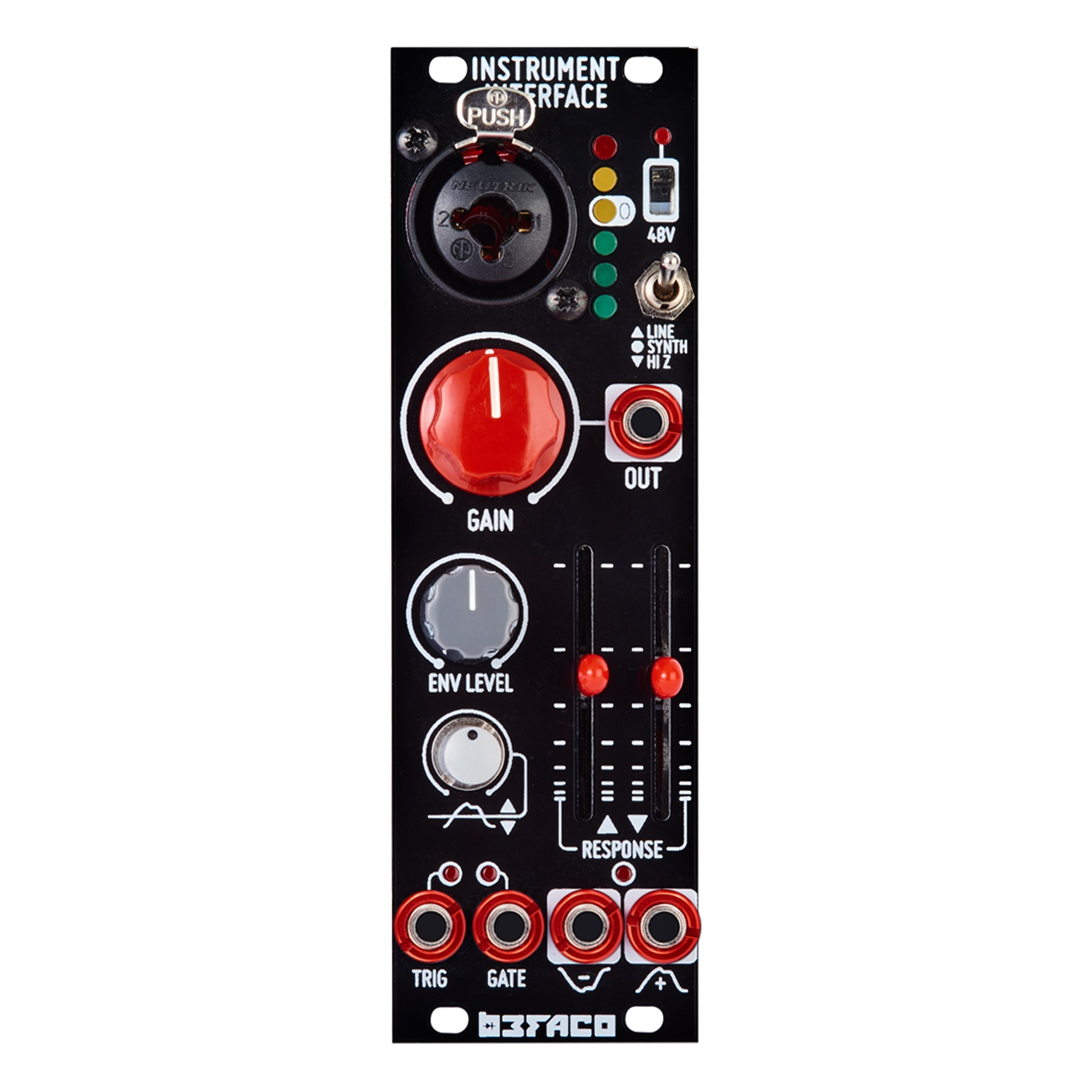 Black instrument interface module with knobs, sliders, toggle switch, and various audio input/output jacks.