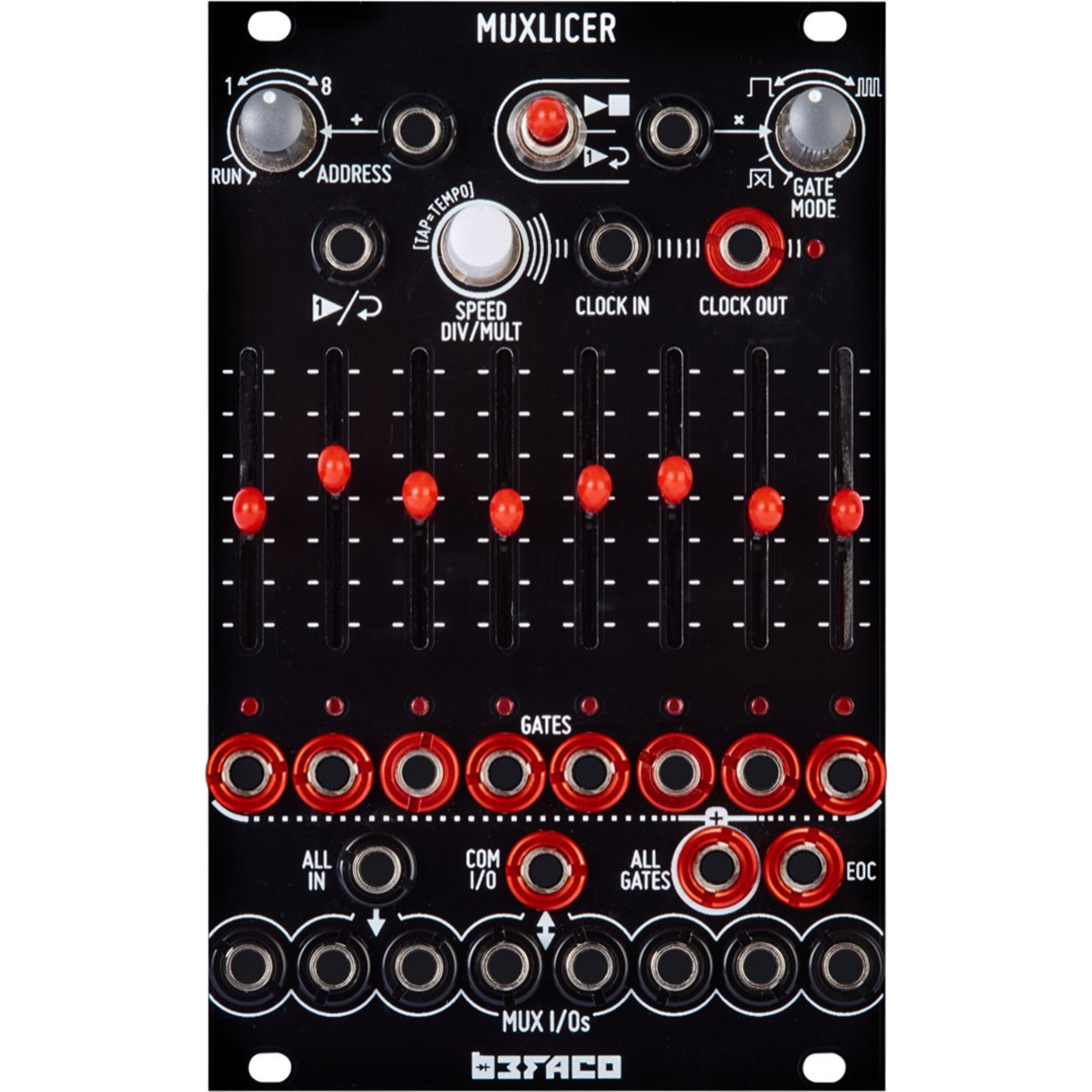 Black Befaco Muxlicer module with knobs, eight sliders, and multiple 3.5mm jack connectors on front panel.