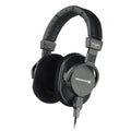 Black over-ear headphones with padded headband and ear cushions, wired connection, branded beyerdynamic.