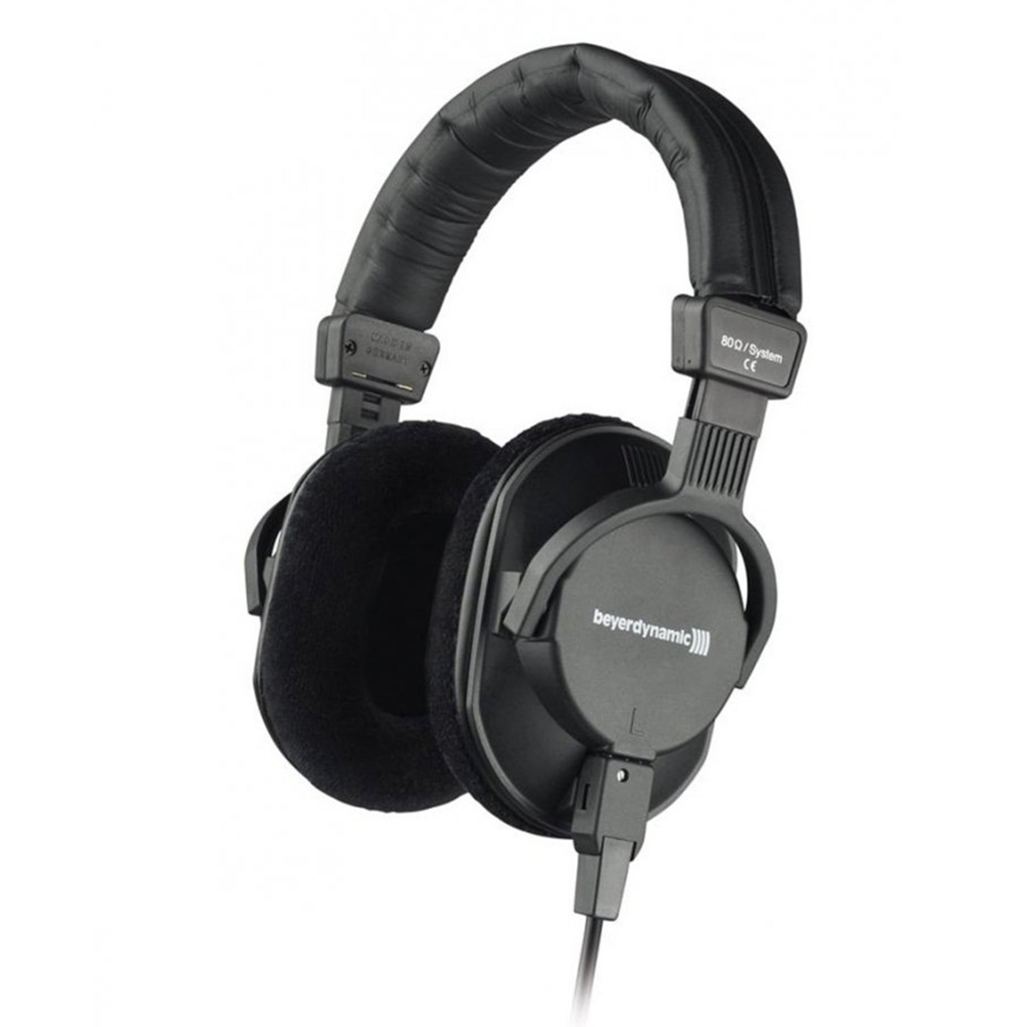 Black over-ear headphones with padded headband and ear cushions, wired connection, branded beyerdynamic.