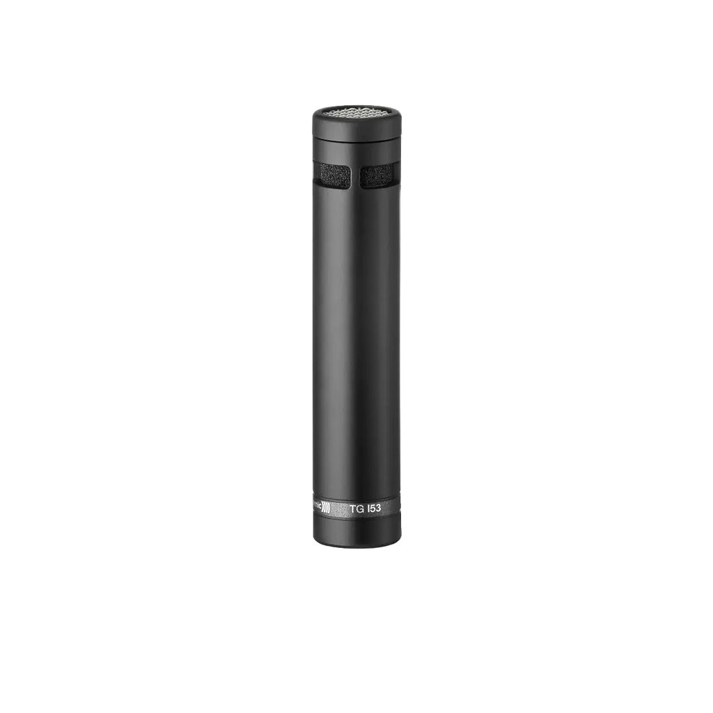 Black cylindrical microphone with mesh top and small text TG I53 near the bottom.