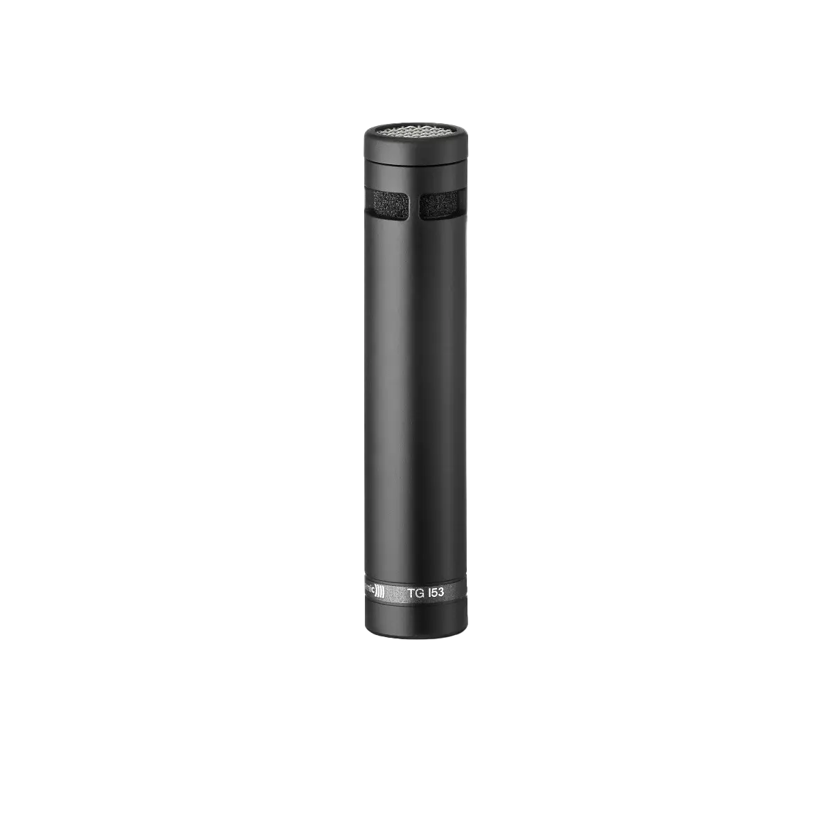 Black cylindrical microphone with mesh top and small text TG I53 near the bottom.
