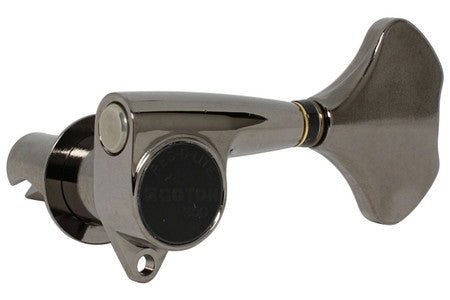 Single metallic cosmo black bass guitar tuner with a clover-shaped tuning key.