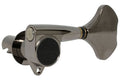 Single metal bass guitar tuner in gunmetal finish with black circular detail and mounting hole.