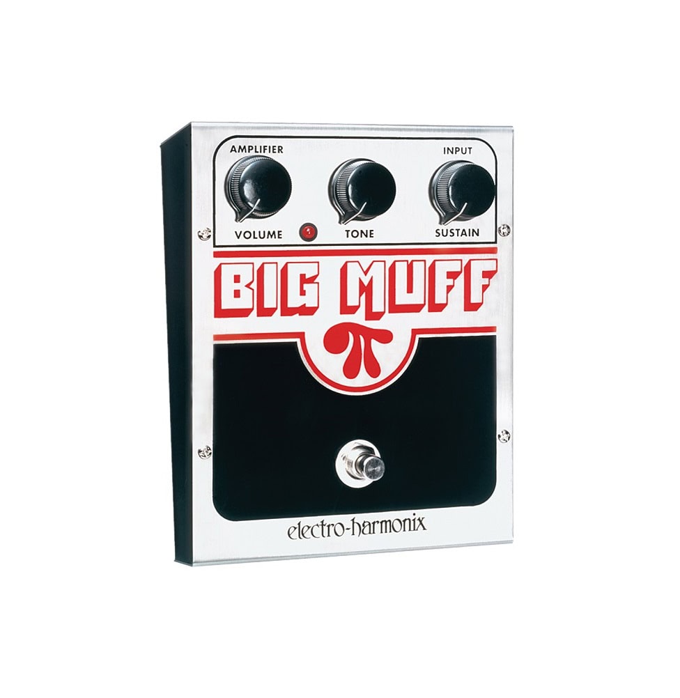 Electro-Harmonix Big Muff pedal with volume, tone, and sustain knobs and a footswitch on a silver and black enclosure.