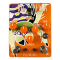 Top-down view of an orange Fuzzrocious Big Fella guitar pedal with knobs, switches, and colorful graphic design.