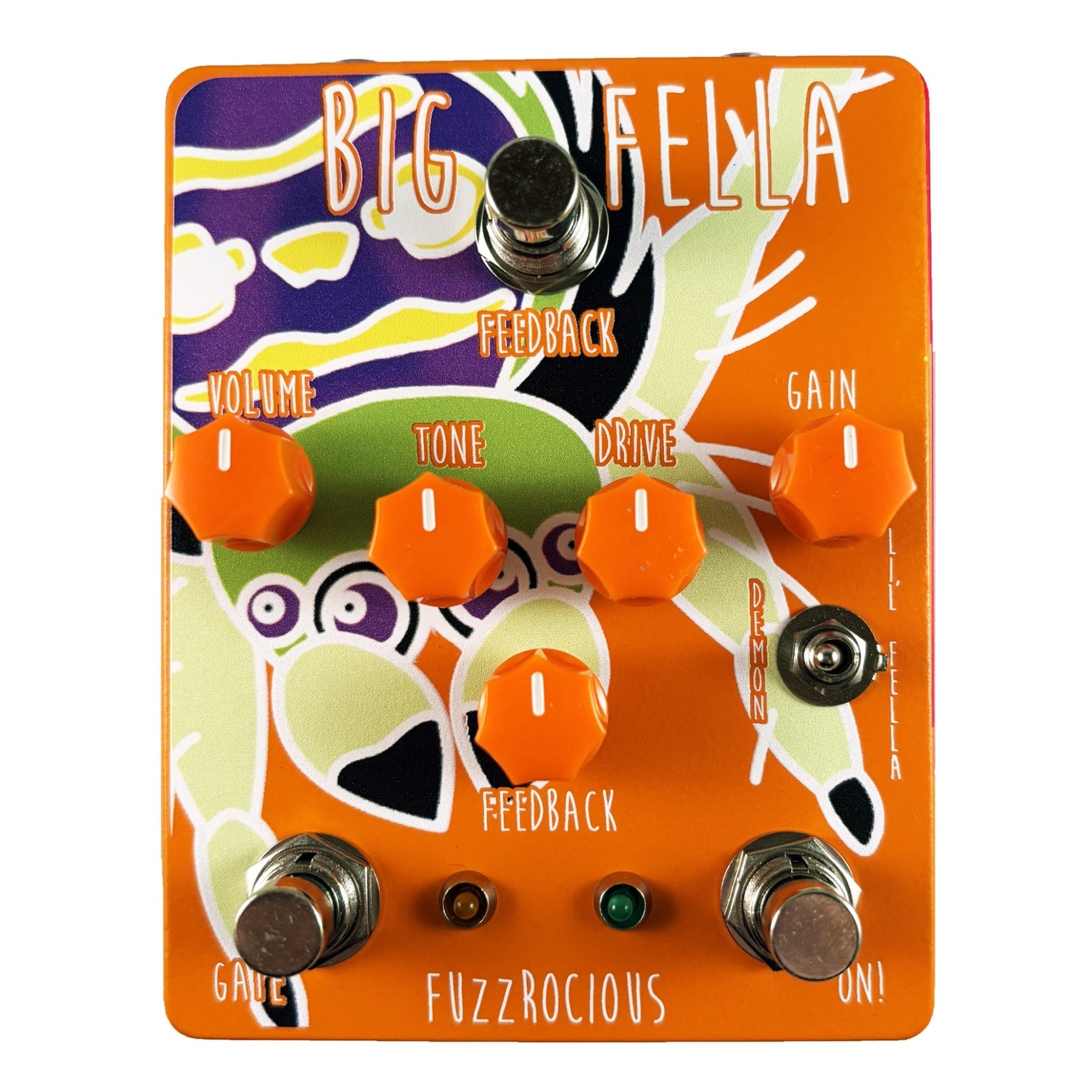 Top-down view of an orange Fuzzrocious Big Fella guitar pedal with knobs, switches, and colorful graphic design.