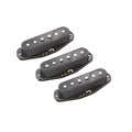 Three black single-coil guitar pickups with metal pole pieces and Fishman branding on a white background.