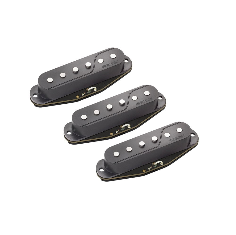 Three black single-coil guitar pickups with metal pole pieces and Fishman branding on a white background.