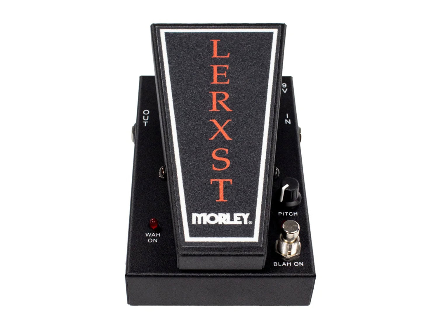 Black wah pedal with LERXST branding, Morley logo, pitch knob, and footswitch on top view.