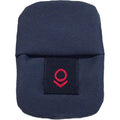 Blue fabric pouch with a flap and small black tag with red logo on front.