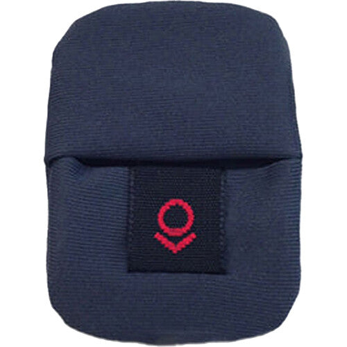 Blue fabric pouch with a flap and small black tag with red logo on front.