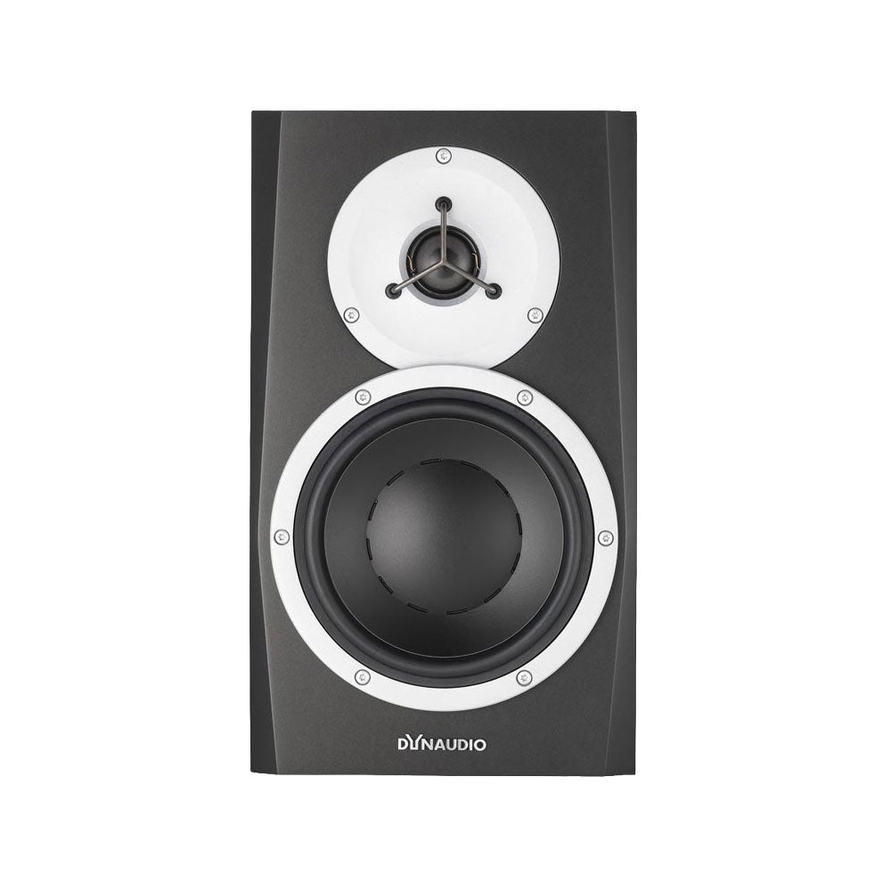 Front view of a black and white studio monitor speaker with visible woofer and tweeter drivers.