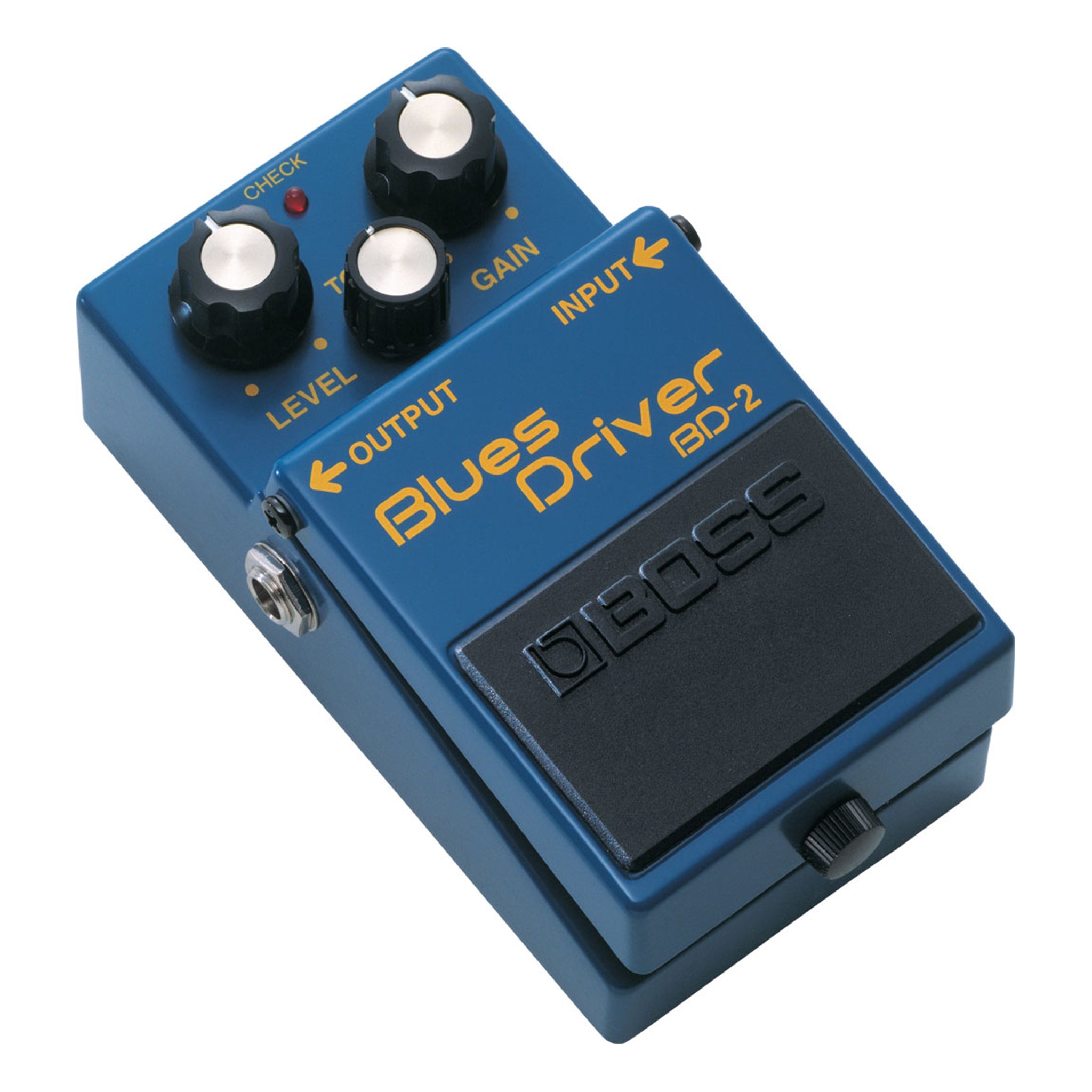Blue guitar effects pedal with three control knobs, input/output jacks, and a black footswitch labeled BOSS.