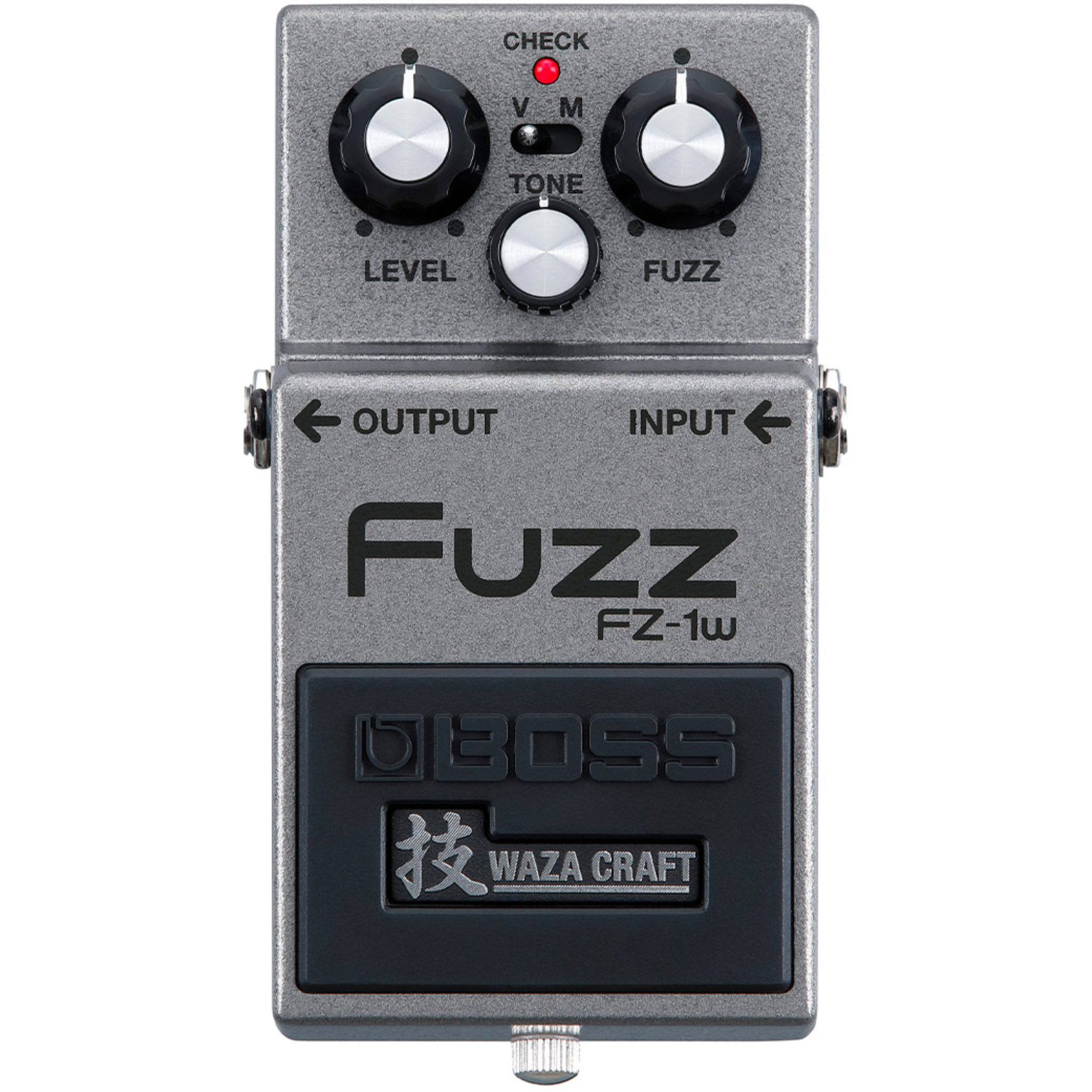 Silver and black Boss Fuzz FZ-1W Waza Craft guitar effects pedal with knobs and toggle switch.
