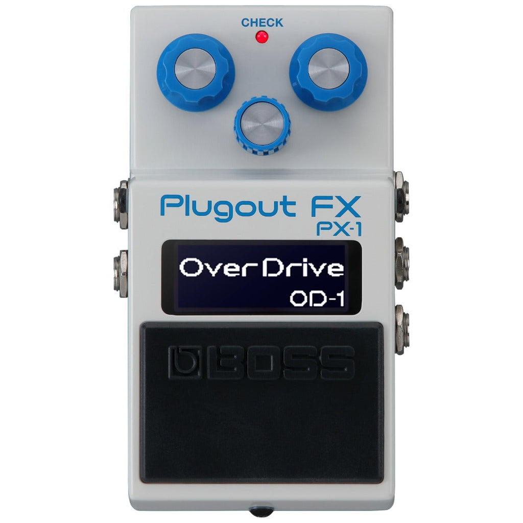 White multi-effect guitar pedal with blue knobs, LCD screen displaying OverDrive OD-1, and BOSS footswitch.