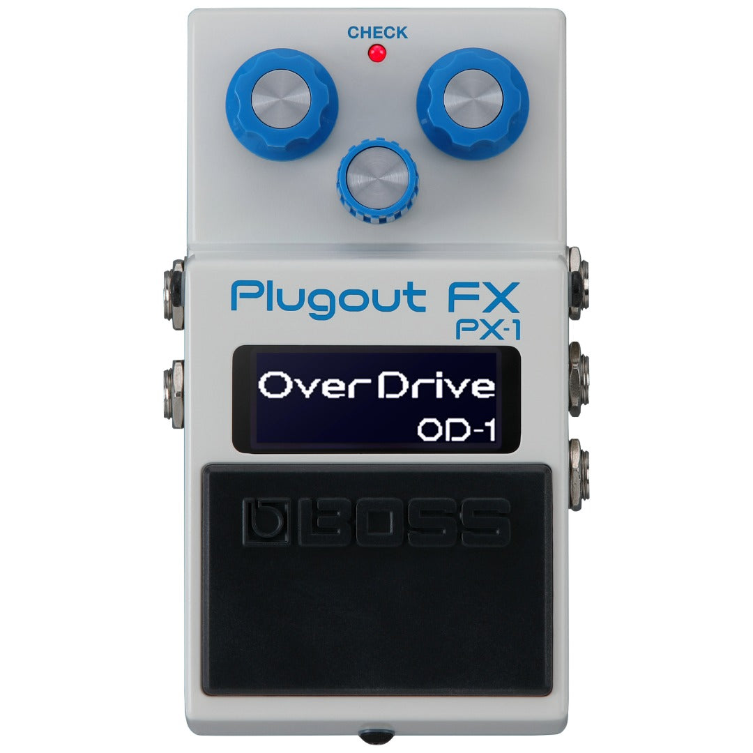 White multi-effect guitar pedal with blue knobs, LCD screen displaying OverDrive OD-1, and BOSS footswitch.