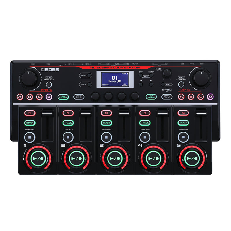 Black Boss RC-505MKII Loop Station with multiple knobs, buttons, sliders, and a central display screen.