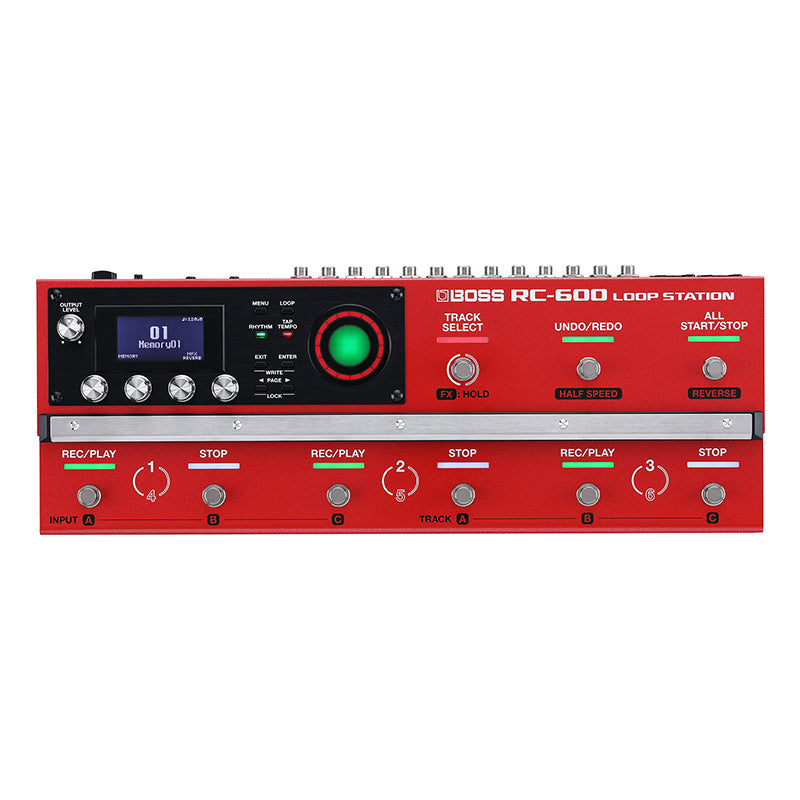 Red Boss RC-600 loop station pedal with multiple knobs, buttons, display screen, and input/output jacks.