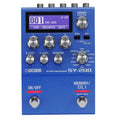 Blue BOSS SY-200 guitar synthesizer pedal with multiple knobs, buttons, footswitches, and a digital display.