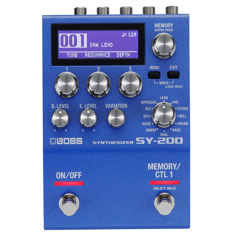 Blue BOSS SY-200 guitar synthesizer pedal with multiple knobs, buttons, footswitches, and a digital display.