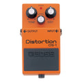 Orange guitar distortion pedal with three control knobs and input/output jacks on the sides.