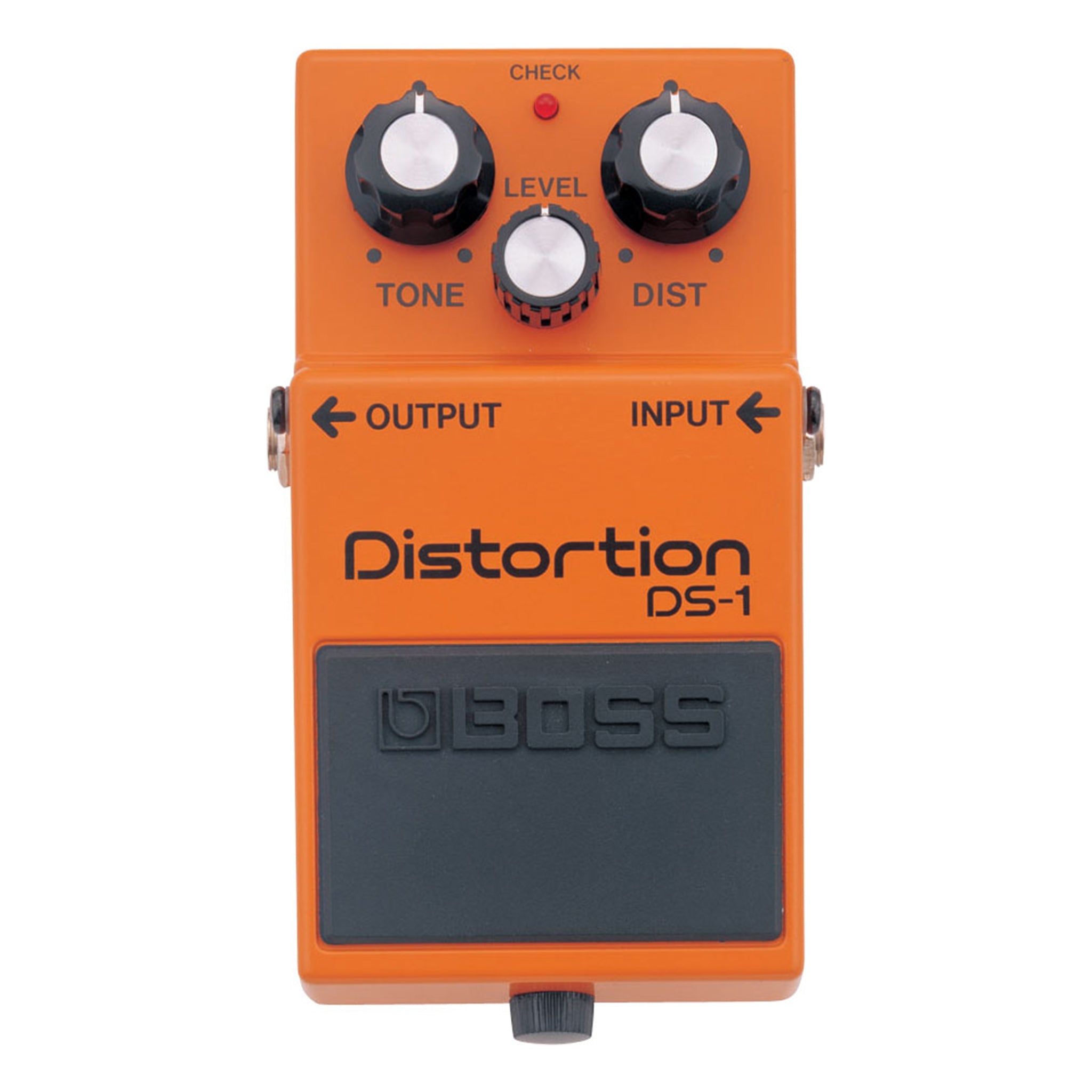 Orange guitar distortion pedal with three control knobs and input/output jacks on the sides.