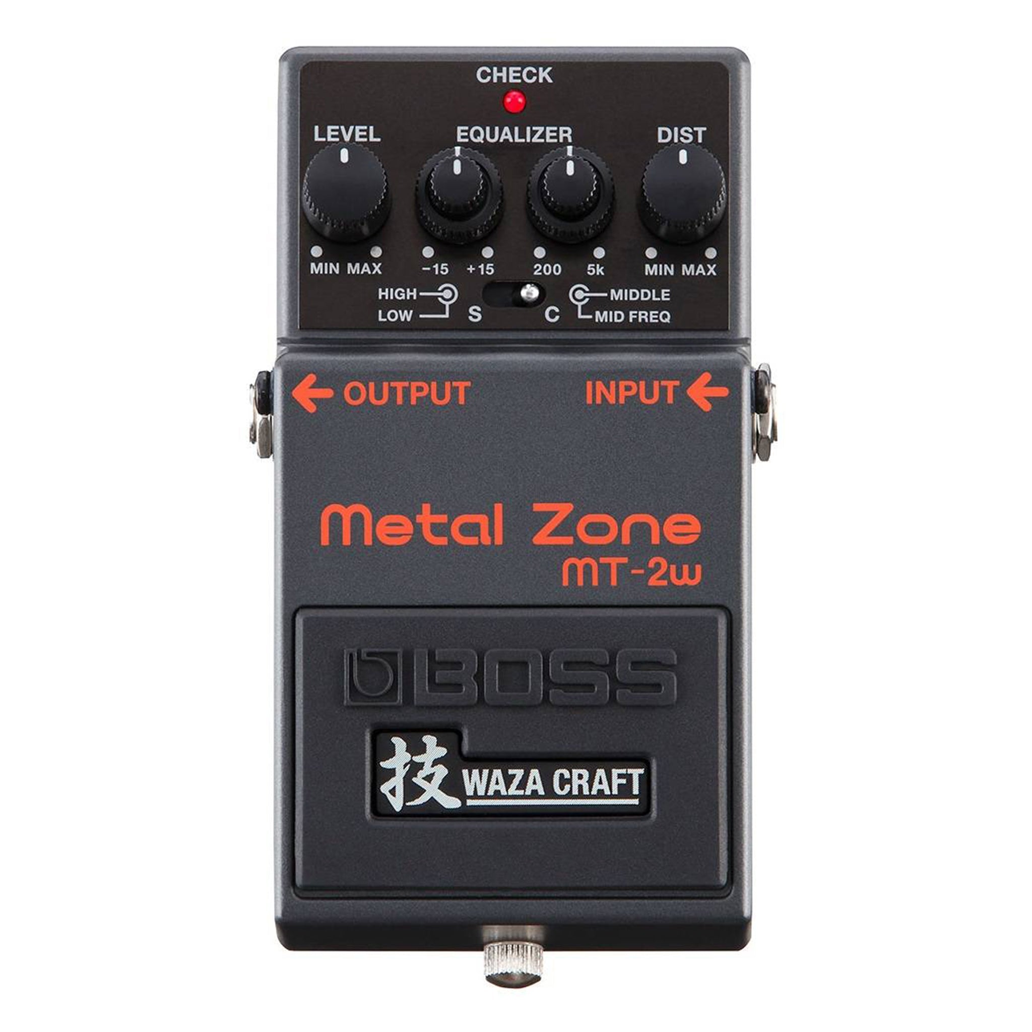 Black guitar effects pedal with four knobs, toggle switch, input and output jacks, and footswitch labeled Metal Zone MT-2w Waza Craft.