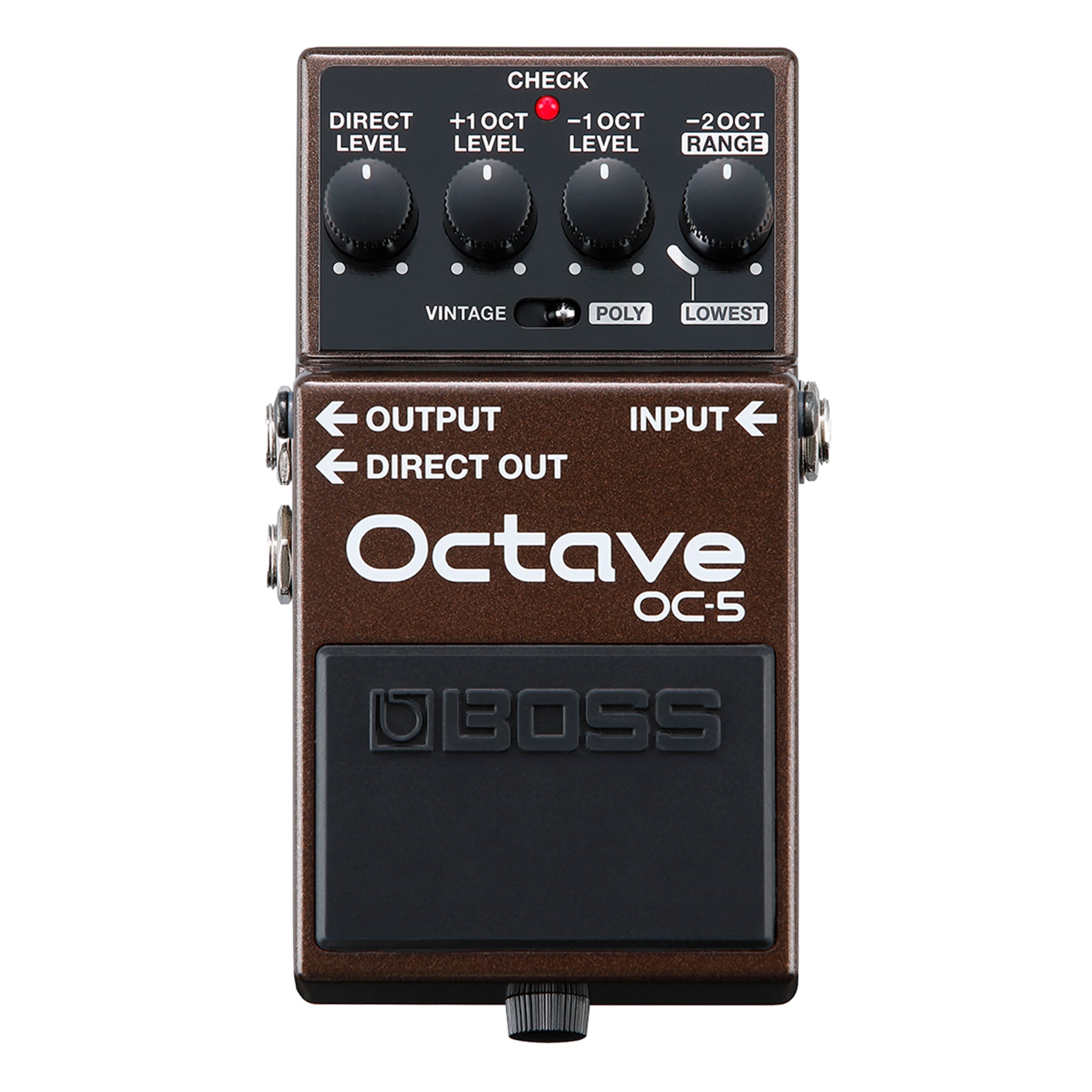 Brown and black Boss Octave OC-5 guitar effects pedal with four rotary knobs and input/output jacks.