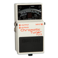 White chromatic tuner pedal with black footswitch and orange text showing input, output, and bypass jacks.