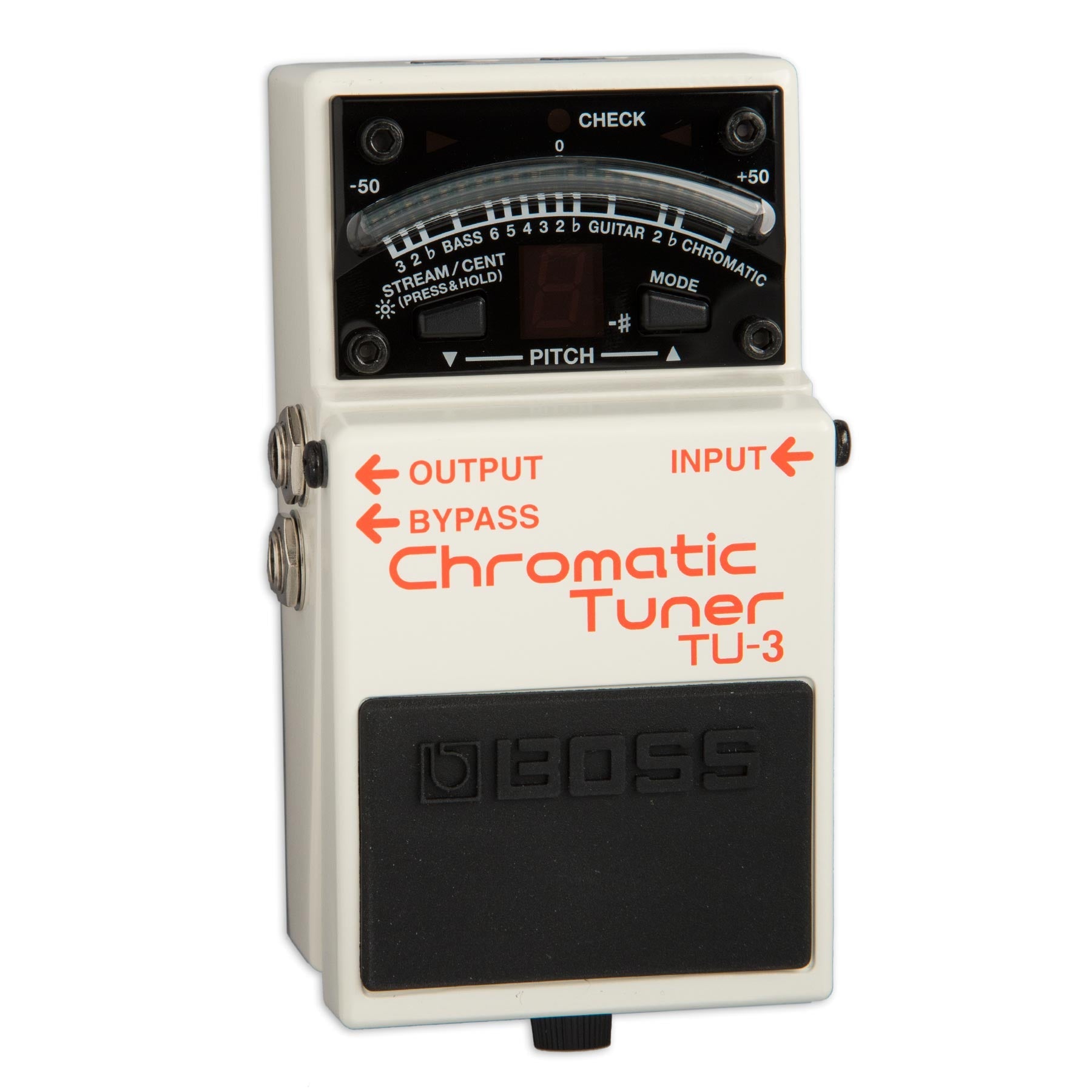 White chromatic tuner pedal with black footswitch and orange text showing input, output, and bypass jacks.