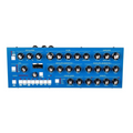 Blue desktop synthesizer control panel with knobs, buttons, and multiple labeled sections including oscillator and filter.