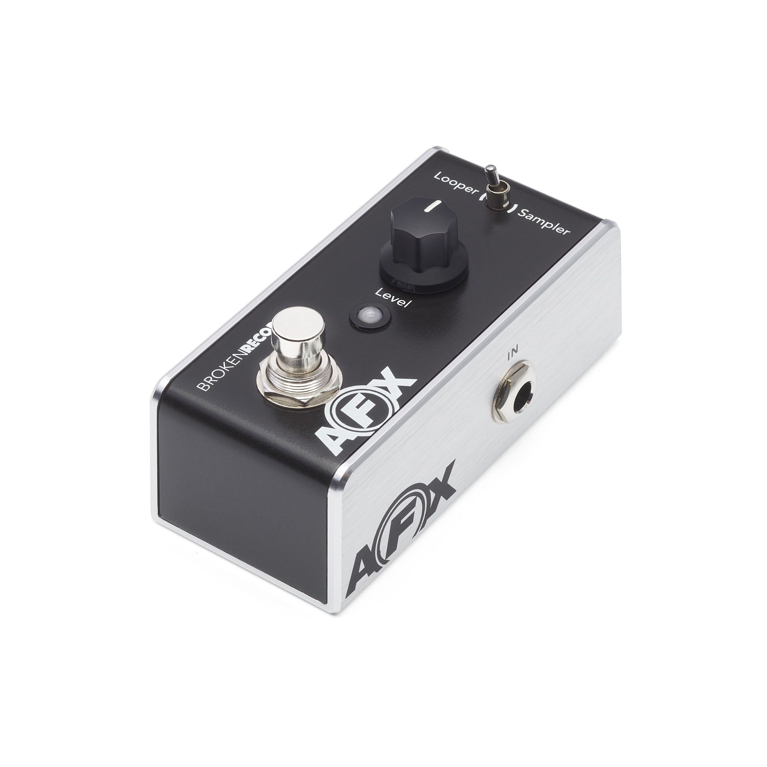 Small black and silver guitar pedal with one knob, toggle switch, footswitch, and single 1/4 inch input jack.