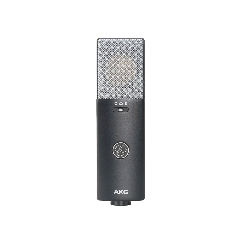 Black and silver studio microphone with a mesh grille, slide switch, and AKG logo on the body.