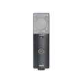 Black and silver studio microphone with a mesh grille, slide switch, and AKG logo on the body.