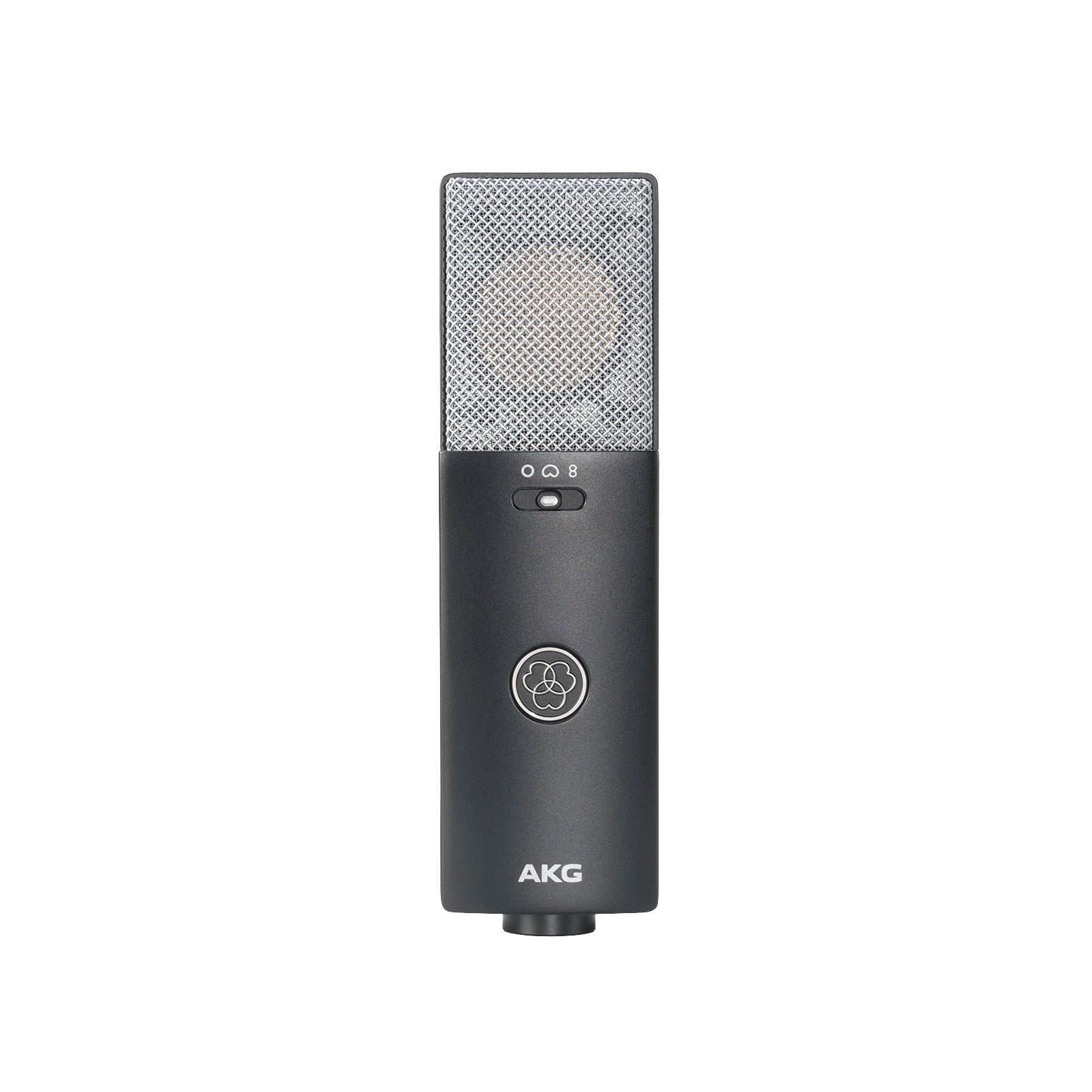 Black and silver studio microphone with a mesh grille, slide switch, and AKG logo on the body.