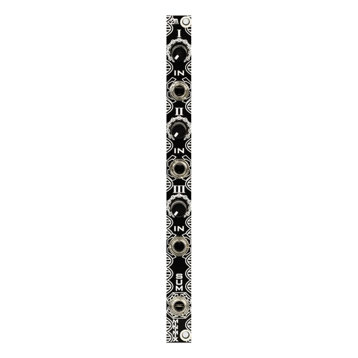 Narrow black audio mixer module with three input knobs and jacks labeled I, II, III, and a sum output jack.