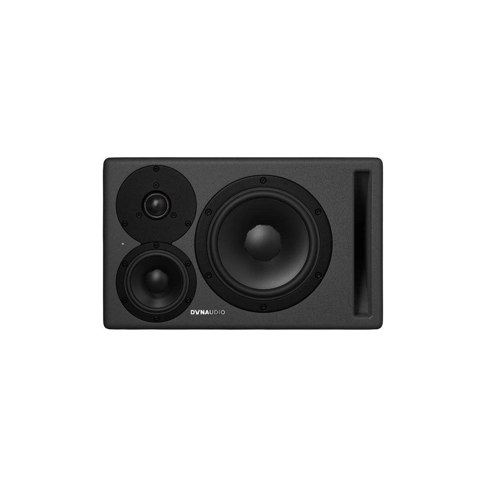 Front view of a black DYNAUDIO studio monitor speaker with three drivers and a bass port.