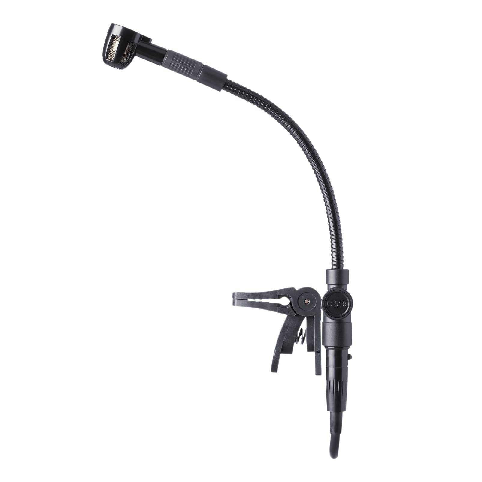 Black microphone with flexible gooseneck and clip with XLR-type cable connector.