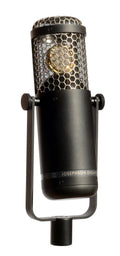 Black cylindrical microphone with metal mesh grille and gold internal component mounted on a U-shaped bracket.
