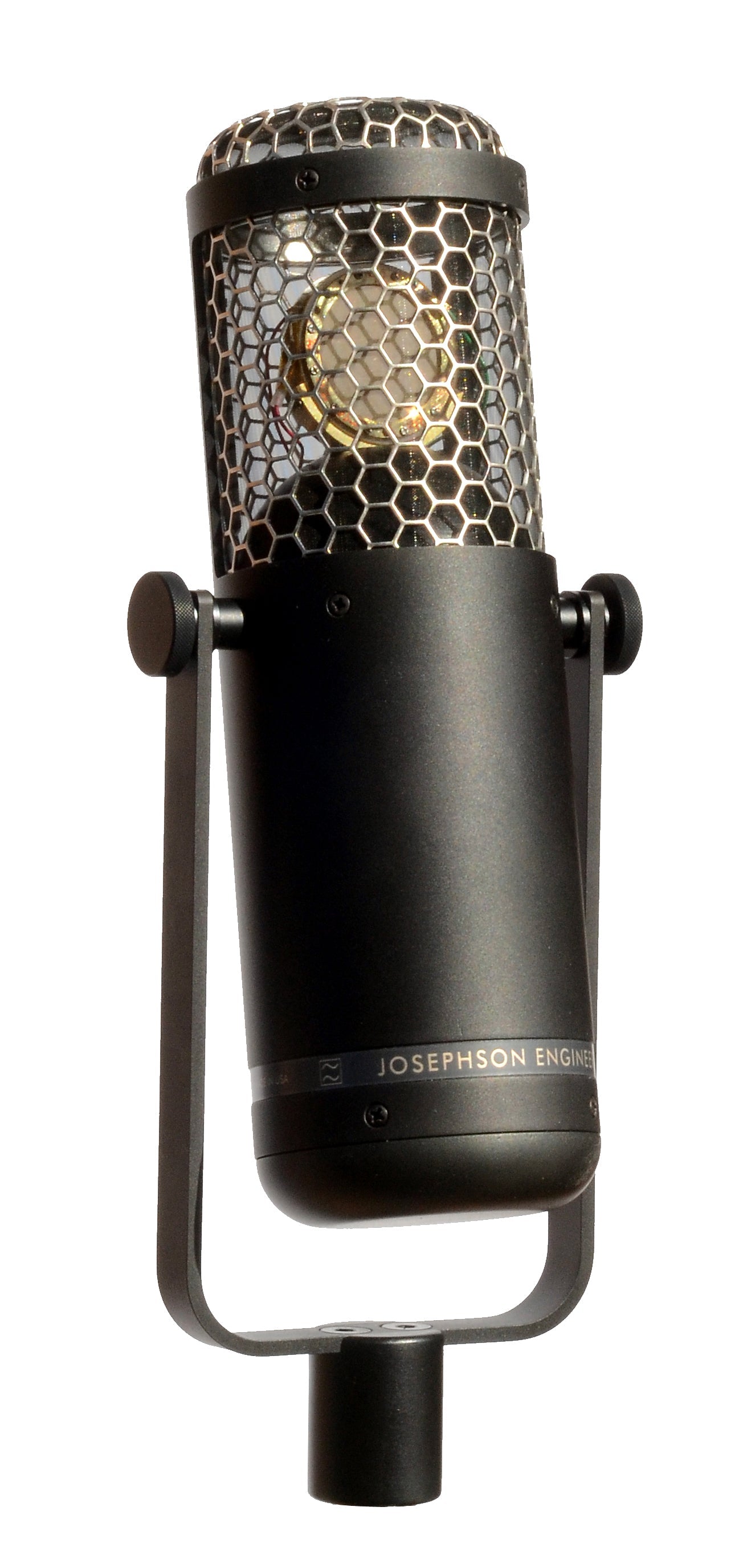 Black cylindrical microphone with metal mesh grille and gold internal component mounted on a U-shaped bracket.