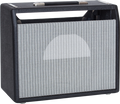 Black combo amplifier cabinet with silver grille cloth and top handle.