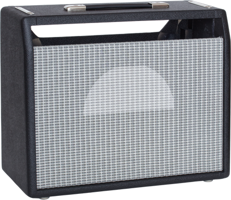 Black combo amplifier cabinet with silver grille cloth and top handle.