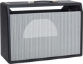 Black guitar amplifier combo cabinet with silver grille cloth and top handle.