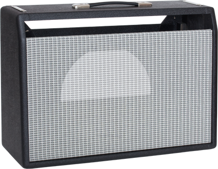 Black guitar amplifier combo cabinet with silver grille cloth and top handle.