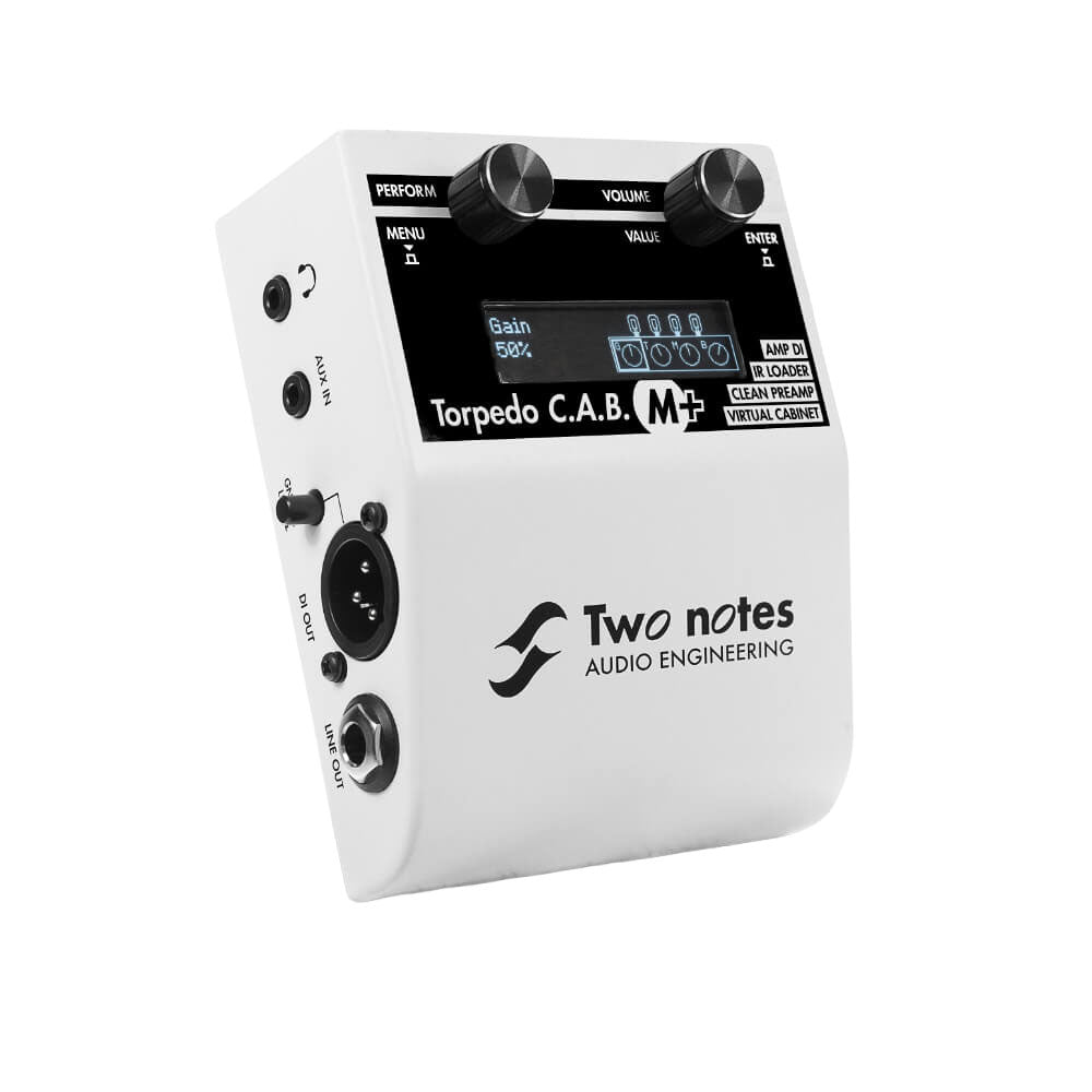 White Two Notes Torpedo C.A.B. M+ audio device with knobs, display, and multiple audio input/output ports.