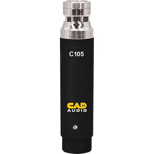 Black and silver cylindrical CAD Audio C105 condenser microphone with yellow logo and circular connector base.