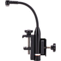 Black gooseneck microphone clamp mount with attached microphone capsule and adjustment knobs.