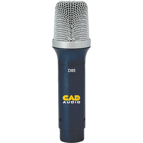 Dark blue and silver microphone with mesh grille and CAD AUDIO logo labeled D85.