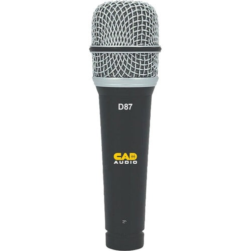 Black handheld microphone with silver grille and CAD Audio D87 branding.